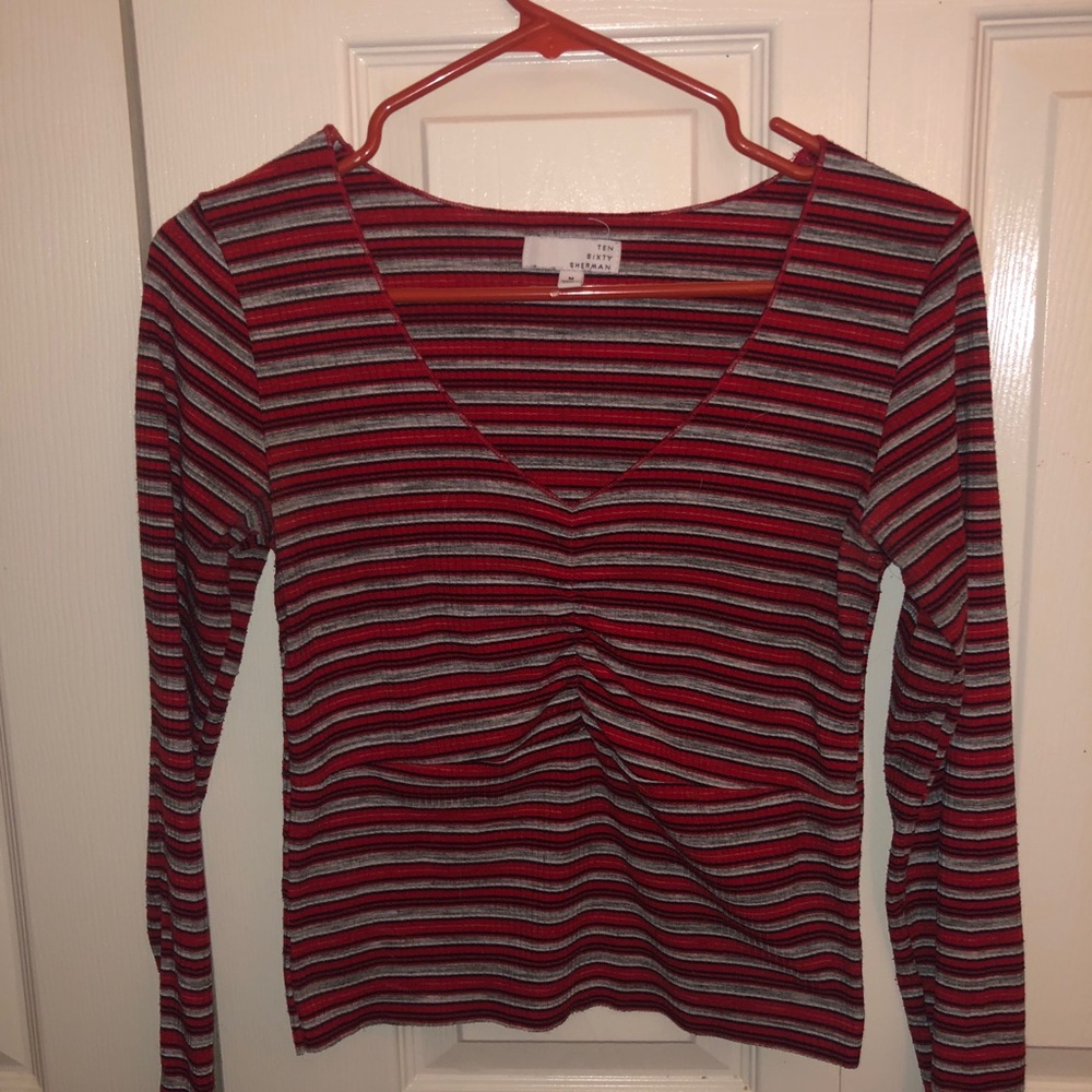 Long sleeve, red and gray striped, tight fit